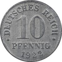 سکه 10 فینیگ 1922 ویلهلم دوم - EF - آلمان