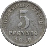 سکه 5 فینیگ 1920F ویلهلم دوم - EF45 - آلمان