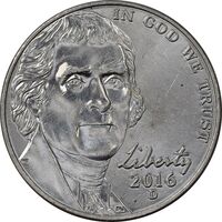 سکه 5 سنت 2016D جفرسون - MS62 - آمریکا