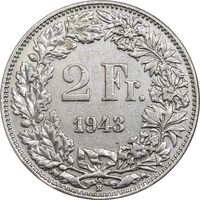 سکه 2 فرانک 1943 دولت فدرال - EF45 - سوئیس