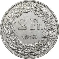 سکه 2 فرانک 1943 دولت فدرال - EF45 - سوئیس