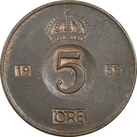 سکه 5 اوره 1955 گوستاو ششم - EF45 - سوئد