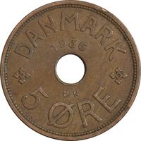 سکه 5 اوره 1936 کریستیان دهم - EF45 - دانمارک