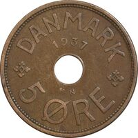 سکه 5 اوره 1937 کریستیان دهم - EF45 - دانمارک