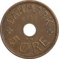 سکه 5 اوره 1940 کریستیان دهم - EF40 - دانمارک