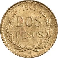 سکه طلا 2 پزو نشان قدیم مکزیک 1945 - MS63 - مکزیک