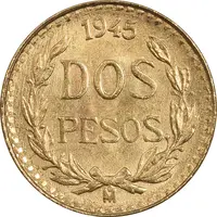 سکه طلا 2 پزو نشان قدیم مکزیک 1945 - MS63 - مکزیک