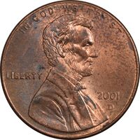 سکه 1 سنت 2001D لینکلن - AU58 - آمریکا