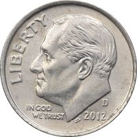 سکه 1 دایم 2012D روزولت - AU55 - آمریکا