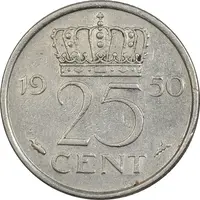 سکه 25 سنت 1950 یولیانا - EF45 - هلند