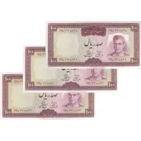 اسکناس 100 ریال (آموزگار - فرمان فرماییان) نوشته قرمز (شماره قرینه) - تریپل - UNC62 - محمد رضا شاه