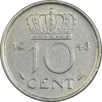 سکه 10 سنت 1948 ویلهلمینا - EF45 - هلند