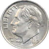 سکه 1 دایم 2020D روزولت - AU58 - آمریکا