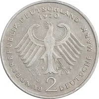 سکه 2 مارک 1970G جمهوری فدرال - EF40 - آلمان