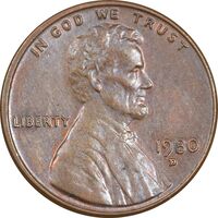 سکه 1 سنت 1980D لینکلن - AU55 - آمریکا