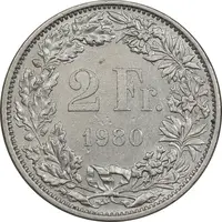 سکه 2 فرانک 1980 دولت فدرال - AU50 - سوئیس
