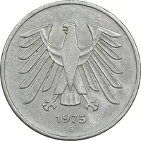 سکه 5 مارک 1975G جمهوری فدرال - EF45 - آلمان