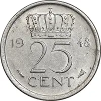 سکه 25 سنت 1948 ویلهلمینا - AU55 - هلند