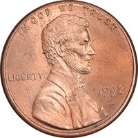 سکه 1 سنت 1992D لینکلن - MS63 - آمریکا