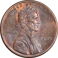 سکه 1 سنت 1989D لینکلن - AU58 - آمریکا