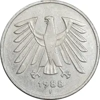 سکه 5 مارک 1988F جمهوری فدرال - EF45 - آلمان