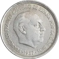 سکه 5 پزتا 1957 فرانسیسکو فرانکو - EF45 - اسپانیا