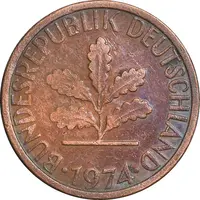 سکه 1 فینیگ 1974F جمهوری فدرال - EF45 - آلمان