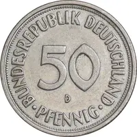 سکه 50 فینیگ 1950D جمهوری فدرال - EF45 - آلمان