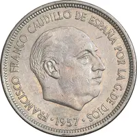 سکه 5 پزتا (76)1957 فرانسیسکو فرانکو - EF45 - اسپانیا