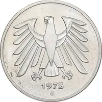 سکه 5 مارک 1975G جمهوری فدرال - AU58 - آلمان