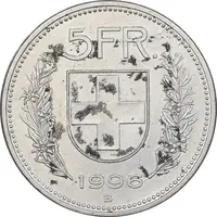 سکه 5 فرانک 1996B دولت فدرال - AU55 - سوئیس