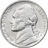 سکه 5 سنت 1991D جفرسون - AU55 - آمریکا