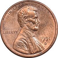سکه 1 سنت 1991D لینکلن - AU58 - آمریکا