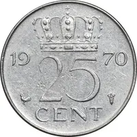 سکه 25 سنت 1970 یولیانا - EF45 - هلند