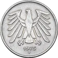 سکه 5 مارک 1975F جمهوری فدرال - EF45 - آلمان