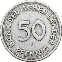 سکه 50 فینیگ 1949F جمهوری فدرال - EF45 - آلمان