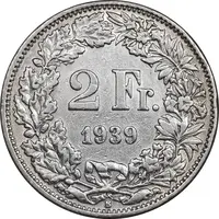 سکه 2 فرانک 1939 دولت فدرال - EF45 - سوئیس