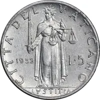 سکه 5 لیره 1952 پیوس دوازدهم - AU50 - واتیکان