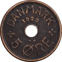 سکه 5 اوره 1929 کریستیان دهم - EF45 - دانمارک