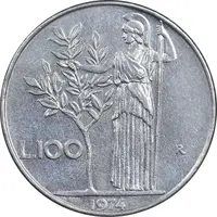 سکه 100 لیره 1974 جمهوری - EF45 - ایتالیا