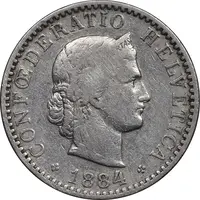 سکه 20 راپن 1884 دولت فدرال - VF35 - سوئیس