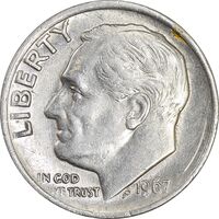 سکه 1 دایم 1967 روزولت - AU50 - آمریکا