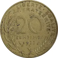 سکه 20 سانتیم 1977 جمهوری کنونی - ماریان - EF45 - فرانسه