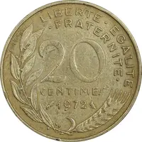 سکه 20 سانتیم 1972 جمهوری کنونی - ماریان - EF40 - فرانسه
