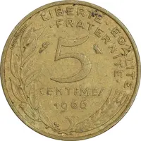 سکه 5 سانتیم 1966 جمهوری کنونی - ماریان - EF45 - فرانسه