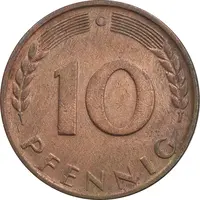سکه 10 فینیگ 1950G جمهوری فدرال - EF45 - آلمان