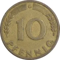سکه 10 فینیگ 1950G جمهوری فدرال - EF40 - آلمان