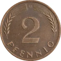 سکه 2 فینیگ 1966D جمهوری فدرال - EF45 - آلمان