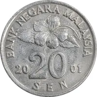 سکه 20 سن 2001 پادشاهی انتخابی - AU50 - مالزی