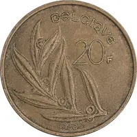 سکه 20 فرانک 1980 بودئون یکم (نوشته فرانسوی) - EF40 - بلژیک